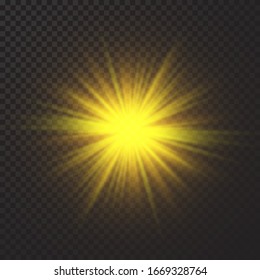 Glow light effect. Starburst with sparkles on dark transparent background. Vector illustration.