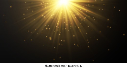 Lichteffekt. Starburst mit Funkeln auf dunkeltransparentem Hintergrund. Vektorillustration.
