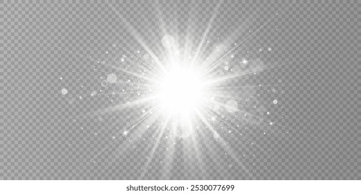 Glow light effect. Starburst with sparkles on transparent background. Vector illustration. Sun	