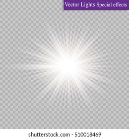 Glow light effect. Starburst with sparkles on transparent background. Vector illustration. Sun
