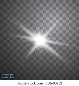 Glow light effect. Starburst with sparkles on transparent background. Vector illustration. Sun
