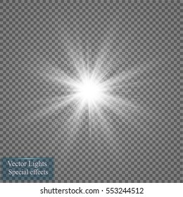 Glow light effect. Starburst with sparkles on transparent background. Vector illustration. Sun

