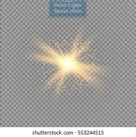 Glow light effect. Starburst with sparkles on transparent background. Vector illustration. Sun
