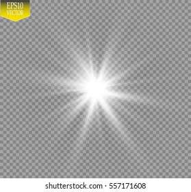 Glow light effect. Starburst with sparkles on transparent background. Vector illustration. Sun