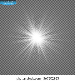 Glow light effect. Starburst with sparkles on transparent background. Vector illustration. Sun
