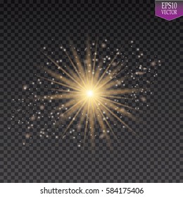 Glow light effect. Starburst with sparkles on transparent background. Vector illustration. Sun