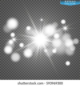 Glow light effect. Starburst with sparkles on transparent background. Vector illustration. Sun. Christmas flash. dust
