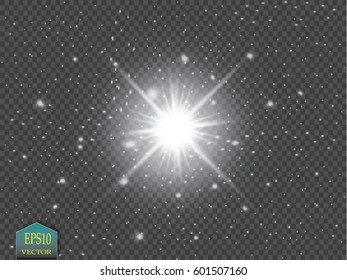Glow light effect. Starburst with sparkles on transparent background. Vector illustration. Sun. Christmas flash. dust