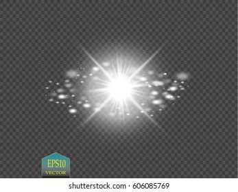 Glow light effect. Starburst with sparkles on transparent background. Vector illustration. Sun. Christmas flash.