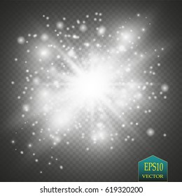 Glow light effect. Starburst with sparkles on transparent background. Vector illustration. Sun. Christmas flash. dust