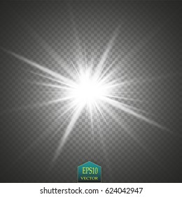 Glow light effect. Starburst with sparkles on transparent background. Vector illustration. Sun. Christmas flash. dust