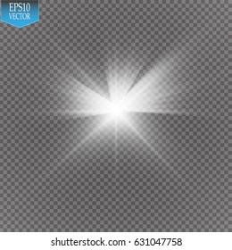 Glow light effect. Starburst with sparkles on transparent background. Vector illustration. Sun. Christmas flash. dust