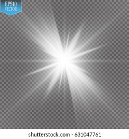 Glow light effect. Starburst with sparkles on transparent background. Vector illustration. Sun. Christmas flash. dust