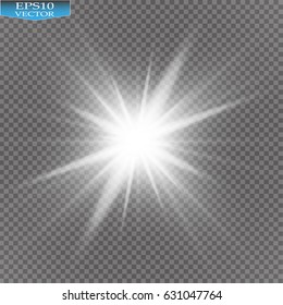Glow light effect. Starburst with sparkles on transparent background. Vector illustration. Sun. Christmas flash. dust