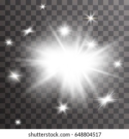 Glow light effect. Starburst with sparkles on transparent background. Vector illustration. Sun