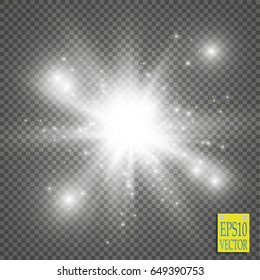 Glow light effect. Starburst with sparkles on transparent background. Vector illustration. Sun. Christmas flash. dust