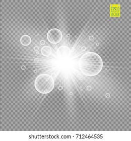 Glow light effect. Starburst with sparkles on transparent background. Vector illustration. Sun