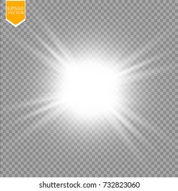 Glow light effect. Starburst with sparkles on transparent background. Vector illustration. Sun
