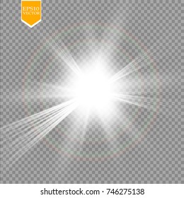 Glow light effect. Starburst with sparkles on transparent background. Vector illustration. Sun