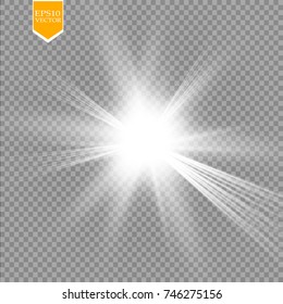 Glow light effect. Starburst with sparkles on transparent background. Vector illustration. Sun