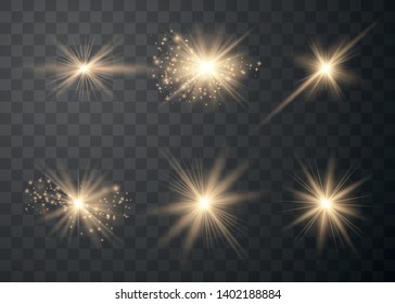 Glow light effect. Sun flash with rays and spotlight. Star burst with sparkles. Vector sparkles on a transparent background. 