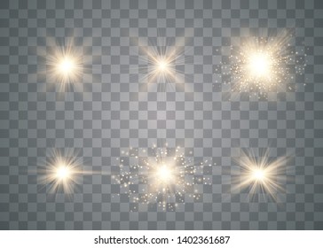 Glow light effect. Sun flash with rays and spotlight. Star burst with sparkles. Vector sparkles on a transparent background. 