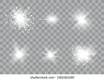 Glow light effect. Sun flash with rays and spotlight. Star burst with sparkles. Vector sparkles on a transparent background. 