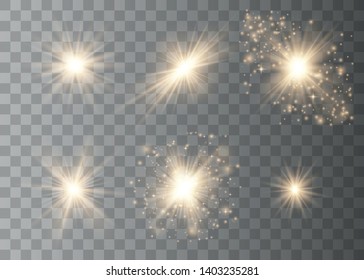 Glow light effect. Sun flash with rays and spotlight. Star burst with sparkles. Vector sparkles on a transparent background. 