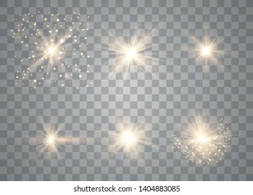 Glow light effect. Sun flash with rays and spotlight. Star burst with sparkles. Vector sparkles on a transparent background. 