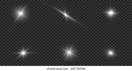 Glow light effect. Vector illustration. Christmas flash Concept. Vector illustration of abstract flare light rays. A set of stars, light and radiance, rays and brightness. Set of Vector glowing light.