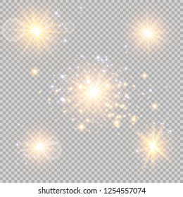 Glow light effect. Vector illustration. Christmas flash Concept. A set of stars, light and radiance, rays and brightness.