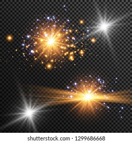 Glow light effect. Vector illustration. Christmas flash Concept. Vector illustration of abstract flare light rays. A set of stars, light and radiance, rays and brightness.