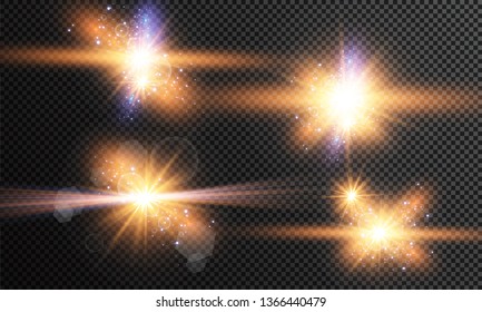 Glow light effect. Vector illustration. Christmas flash Concept. Vector illustration of abstract flare light rays. A set of stars, light and radiance, rays and brightness. Glow light effect.