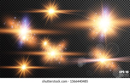 Glow light effect. Vector illustration. Christmas flash Concept. Vector illustration of abstract flare light rays. A set of stars, light and radiance, rays and brightness. Glow light effect.