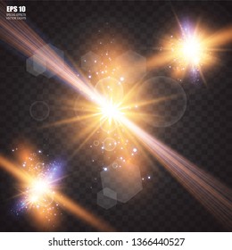 Glow light effect. Vector illustration. Christmas flash Concept. Vector illustration of abstract flare light rays. A set of stars, light and radiance, rays and brightness. Glow light effect.