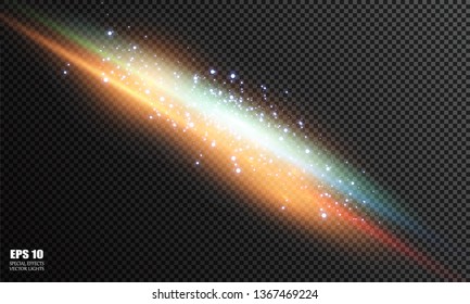 Glow light effect. Vector illustration. Christmas flash Concept. Vector illustration of abstract flare light rays. Sunrise, dawn. Vector transparent sunlight. Special lens flare light effect