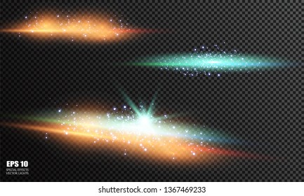 Glow light effect. Vector illustration. Christmas flash Concept. Vector illustration of abstract flare light rays. Sunrise, dawn. Vector transparent sunlight. Special lens flare light effect