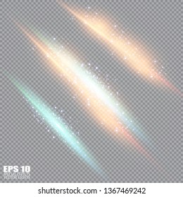 Glow light effect. Vector illustration. Christmas flash Concept. Vector illustration of abstract flare light rays. Sunrise, dawn. Vector transparent sunlight. Special lens flare light effect