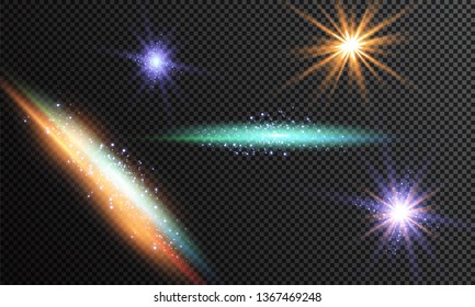 Glow light effect. Vector illustration. Christmas flash Concept. Vector illustration of abstract flare light rays. Sunrise, dawn. Vector transparent sunlight. Special lens flare light effect