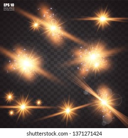 Glow light effect. Vector illustration. Christmas flash Concept. Vector illustration of abstract flare light rays. A set of stars, light and radiance, rays and brightness. Glow light effect.