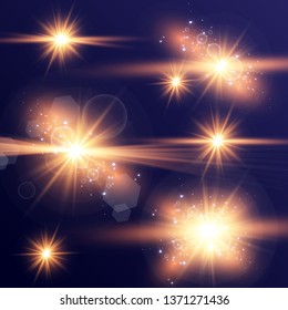 Glow light effect. Vector illustration. Christmas flash Concept. Vector illustration of abstract flare light rays. A set of stars, light and radiance, rays and brightness. Glow light effect.
