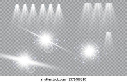 Glow light effect. Vector illustration. Christmas flash Concept. Vector illustration of abstract flare light rays. A set of stars, light and radiance, rays and brightness. Glow light effect.