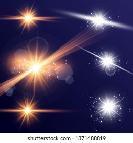 Glow light effect. Vector illustration. Christmas flash Concept. Vector illustration of abstract flare light rays. A set of stars, light and radiance, rays and brightness. Glow light effect.