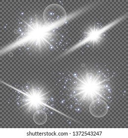Glow light effect. Vector illustration. Christmas flash Concept. Vector illustration of abstract flare light rays. A set of stars, light and radiance, rays and brightness. Glow light effect.
