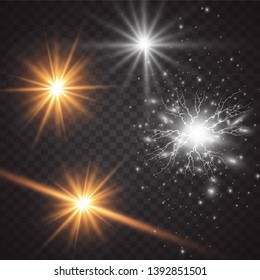 Glow light effect. Vector illustration. Christmas flash Concept. Vector illustration of abstract flare light rays. A set of stars, light and radiance, rays and brightness. Glow light effect.
