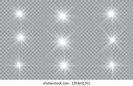 Glow light effect. Vector illustration. Christmas flash Concept. Vector illustration of abstract flare light rays. A set of stars, light and radiance, rays and brightness. Glow light effect.