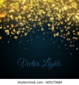 Glow light effect. Vector illustration. Gold glitter particles. Fallen down golden stars isolated on dark background.
