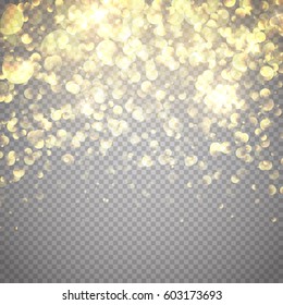 Glow light effect. Vector illustration. Gold glitter particles background. Fallen down golden stars isolated on transparent background.