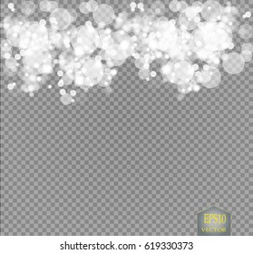 Glow light effect. Vector illustration. White glitter particles background. Fallen down silver stars isolated on transparent background.


