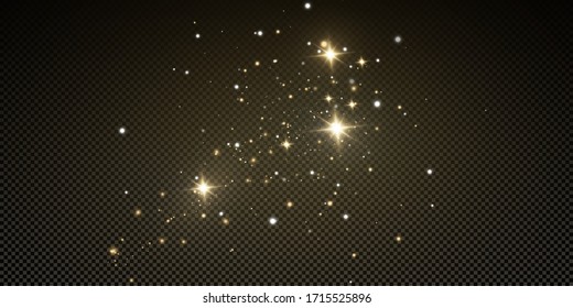 Glow light effect.  Vector sparkles on a transparent background. Christmas light effect. Sparkling magical dust particles.The dust sparks and golden stars shine with special light.